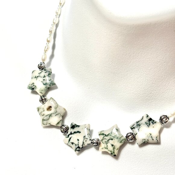 Starry Night Necklace, Genuine White Green Tree Agate Stars & Freshwater Pearls - Picture 3 of 12